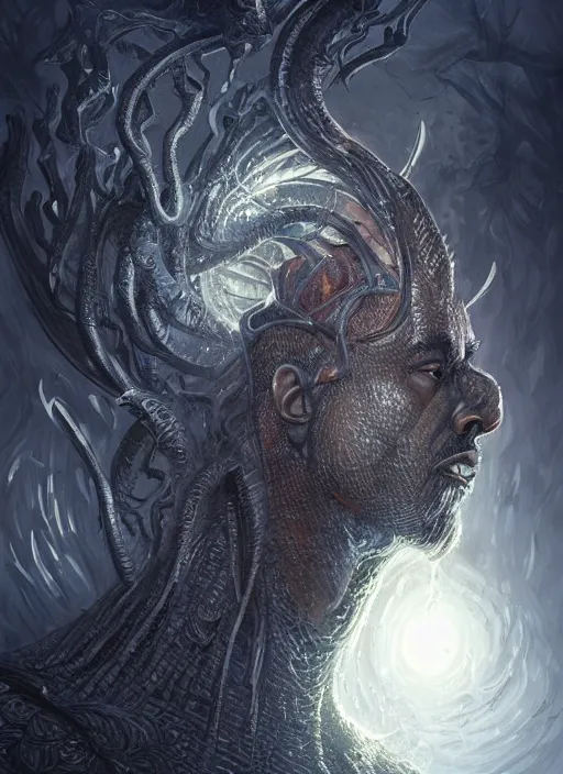 Prompt: portrait of Kanye as a large Lovecraftian monster, fantasy, intricate, elegant, highly detailed, digital painting, artstation, concept art, smooth, sharp focus, illustration, art by artgerm and greg rutkowski