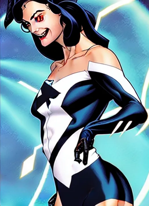 Image similar to Rafeal Albuquerque comic art, Joshua Middleton comic art, pretty female very pale white skin Phoebe Tonkin as Domino superhero X-MEN comics, black spot over left eye, fun smile, full body x-force outfit, long wavy black hair:: sunny weather::