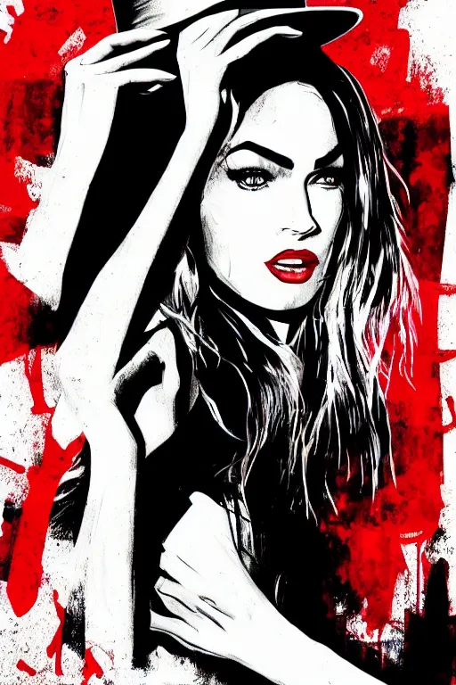 Image similar to dream of a film still from sin city, closeup portrait of film noir angry megan fox private detective wearing a hat, detailed illustration, digital art, trending on artstation, frank miller, martin ansin, action movie poster, dripping paint, red on black, graffiti, gta v,