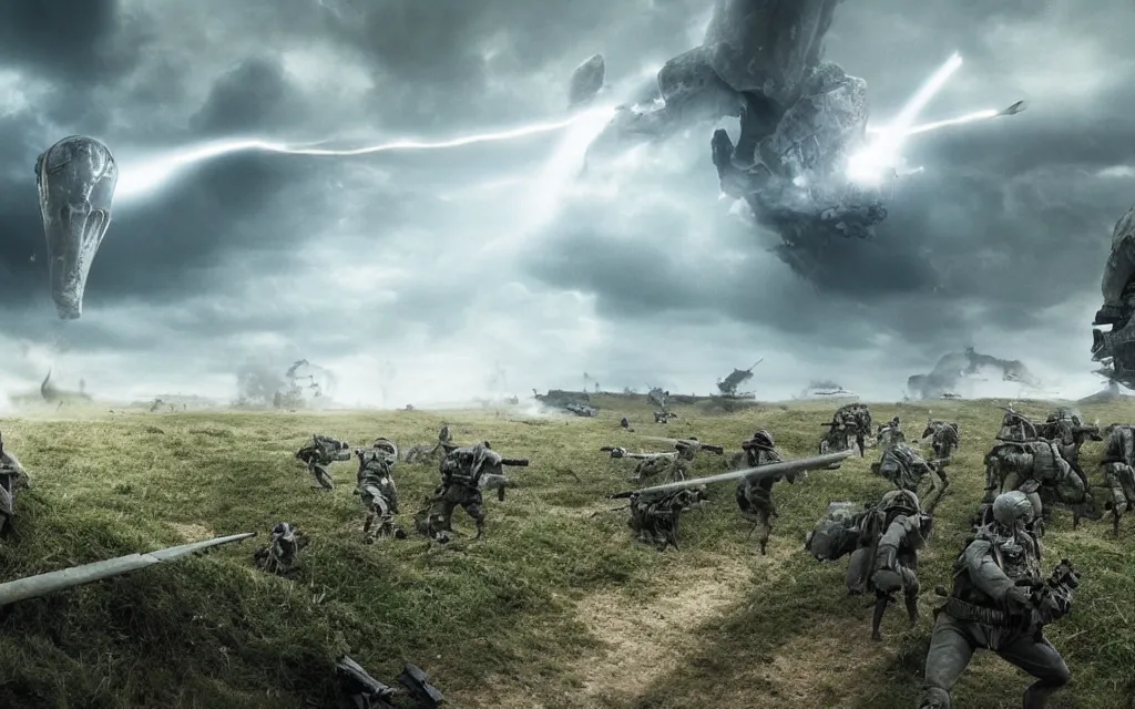 Image similar to fight ww 1 aginst aliens from edge of tomorrow, deep trenches with fortifications, natural landscape, green and blue tones, realistic people, huge ground explosions in the background, alien mothership in the sky, hyper realistic, highly detailed, dramatic lighting, raytarced, god rays, 4 k, 8 k, art by artgem