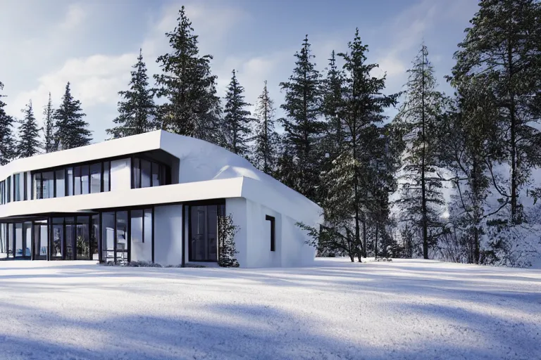 Image similar to modern modern fachwerk house with in the forest on the foot of Elbrus mountain covered by snow on the background, architecture, 3d render 8k , high details