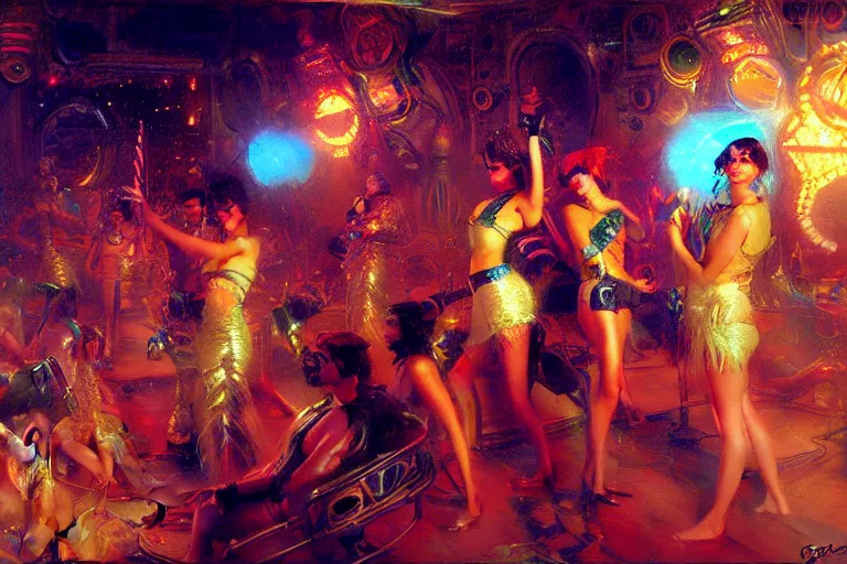 Image similar to futuristic techno party, summer, neon light, painting by gaston bussiere, craig mullins, j. c. leyendecker