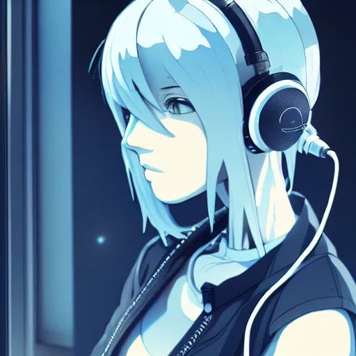 Image similar to cyborg - girl with silver hair, wearing headphones, and sitting on a window sill, highly detailed, painting, dark blue and black color palette, intricate, high quality anime artstyle, in the style of makoto shinkai