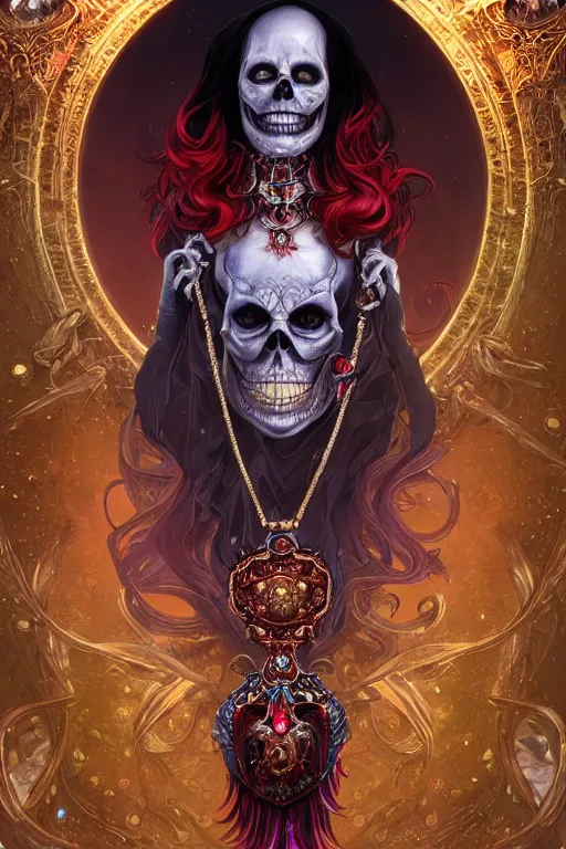 Image similar to woman lich skeleton made of iridescent aether and shiny gems covered with blood, long red hair, golden necklace, ultra realistic, concept art, intricate details, highly detailed, photorealistic, octane render, 8 k, unreal engine. dnd art by artgerm and greg rutkowski and alphonse mucha