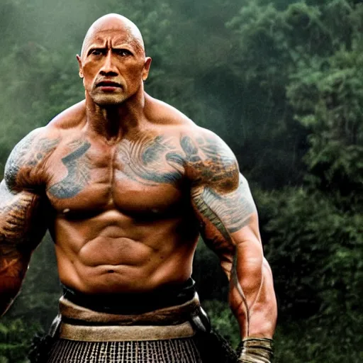 Prompt: a film still of Dwayne Johnson as samurai with spear