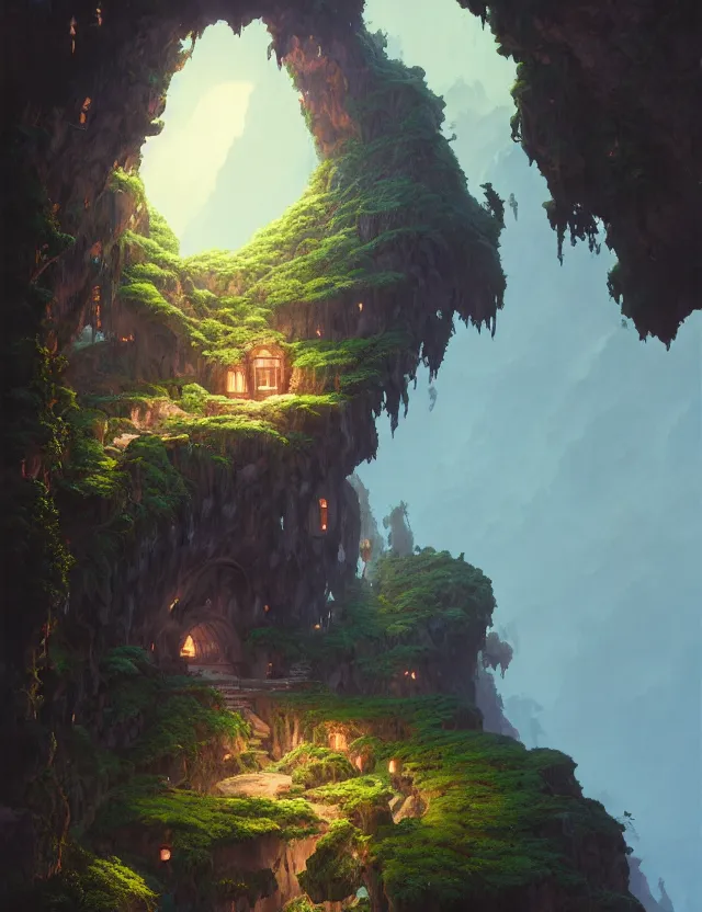 Image similar to the house in the cave, unreal engine, fantasy art by greg, loish, race, ferdinand knab, tom bagshaw, makoto shinkai and louis van baerle, rossdraws, ilya kuvshinov, night lighting, studio ghibli trends, highly detailed, 8 k, octane rendering