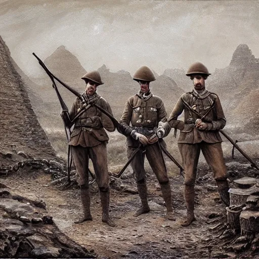 Prompt: ultra detailed photorealistic sepia - toned painting from 1 9 1 7, three british soldiers standing at an archaeological dig site in wadi rum, ultra realistic, painted, intricate details, epic, lovecraft, atmospheric, dark, horror, brooding, highly detailed, by dave dorman