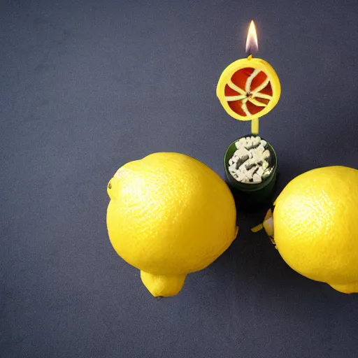 Image similar to an anthropomorphic lemon standing on a pentacle surrounded by candles, highly detailed, 4k