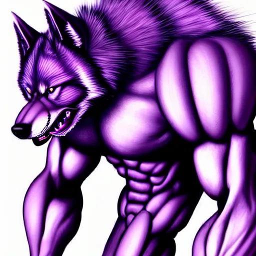 Prompt: digital art of an anthropomorphic muscular purple wolf, furry style, wearing jeans, deviant art, professional furry drawing, insanely detailed, artistic design, hyper detailed wolf - like face, doing a pose from jojo's bizarre adventure, detailed veiny muscles, exaggerated features, beautiful shading, huge spikey teeth, grinning, detailed face, colorful background