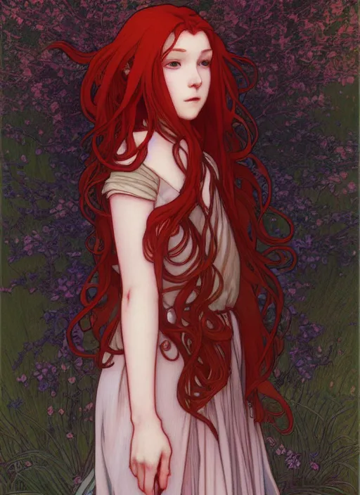 Image similar to pretty young woman with long red hair walking in the darkness, path traced, highly detailed, high quality, digital painting, by studio ghibli and alphonse mucha, leesha hannigan, makoto shinkai, disney