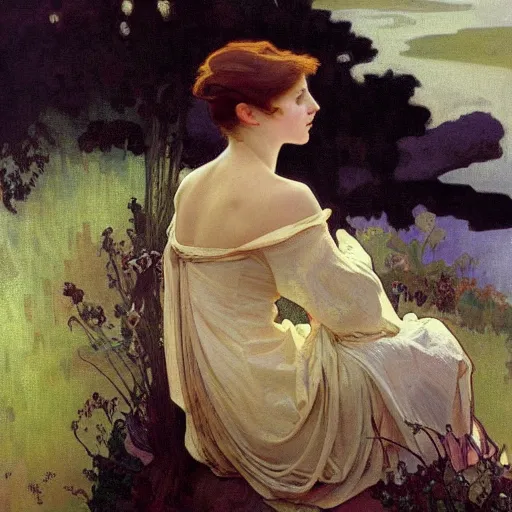 Image similar to a beautiful painting of a young girl in the scottish highlands, underexposed and overcast, by alphonse mucha, john sargent, and octane.