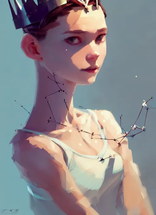 Image similar to portrait of cute ballerina girl with crown of thorns and white short hairs, warhammer, cyberpunk, by atey ghailan, by greg rutkowski, by greg tocchini, by james gilleard, by joe gb fenton, by kaethe butcher, dynamic lighting, gradient light blue, brown, blonde cream and white color in scheme, grunge aesthetic