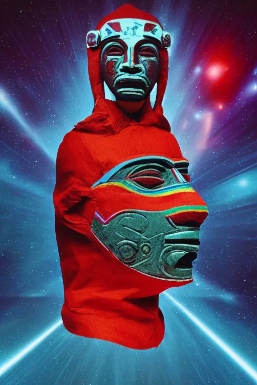 Image similar to agfa vista 4 0 0 portrait photograph of a meso american guy on a spaceship, aztec face mask, ancient yet futuristic, meso american aesthetic, aztec aesthetic, synth vibe, vaporwave colors, lens flare, moody lighting, moody vibe, telephoto, 9 0 s vibe, blurry background, grain, tranquil, calm, faded!,