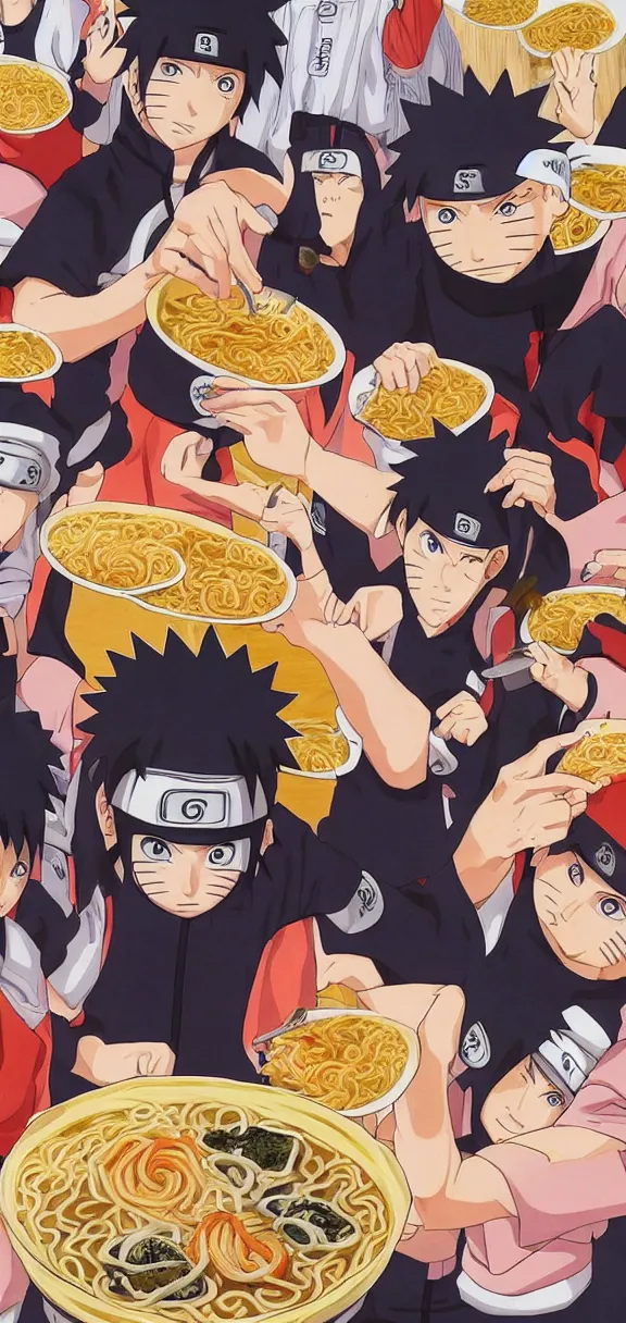 Image similar to naruto eating ramen on a basketball court, anime art