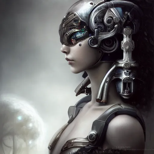 Image similar to ultra realist soft painting of a single attractive cyborg female sillicon cyborg skin armored, with thin lustrous long hair floating, photorealistic eyes render, looking at camera, curiosities carnival, symmetry accurate features, very intricate details, focus, dark fantasy background, black and white, curvy, artstyle Tom Bagshaw