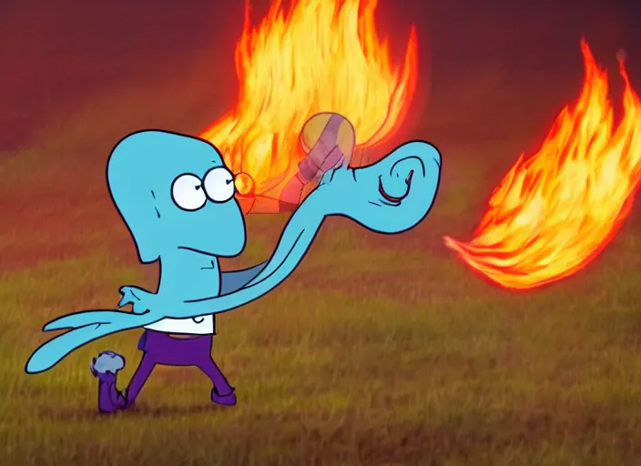 Image similar to squidward practicing firebending in an open field at susnset