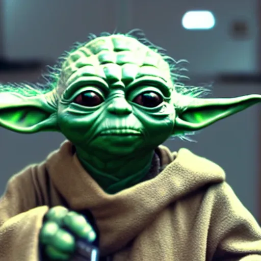 Image similar to yoda at the barbershop, highly detailed, unreal render, 4k hdr