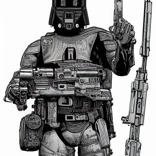 Image similar to “a Humanoid raven bounty hunter. Hyper detailed. Hyperrealism digital art in the style of A New Hope. Art by Geoff Darrow”