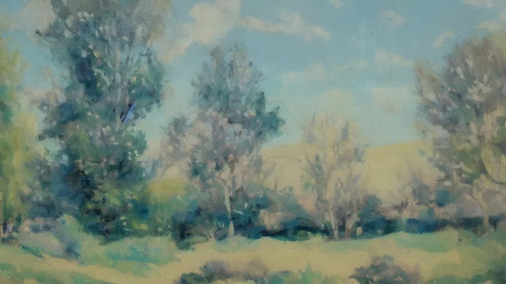 Prompt: loose painting of a beautiful peaceful whimsical landscape, overexposed, pale blue pastel colors, influenced by art nouveau, by john duval and sargent