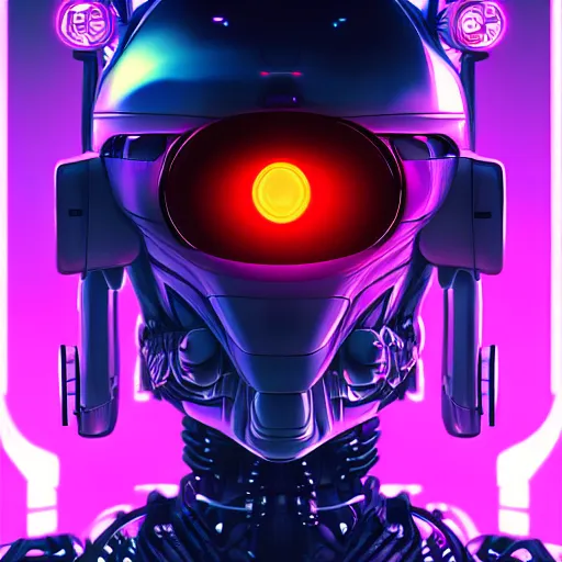 Image similar to Head of a robot with purple glowing eyes in cyberpunk neon Tokyo in style of Tsutomu Nihei. Cyberpunk, vertical symmetry, 8K, Highly Detailed, Intricate.