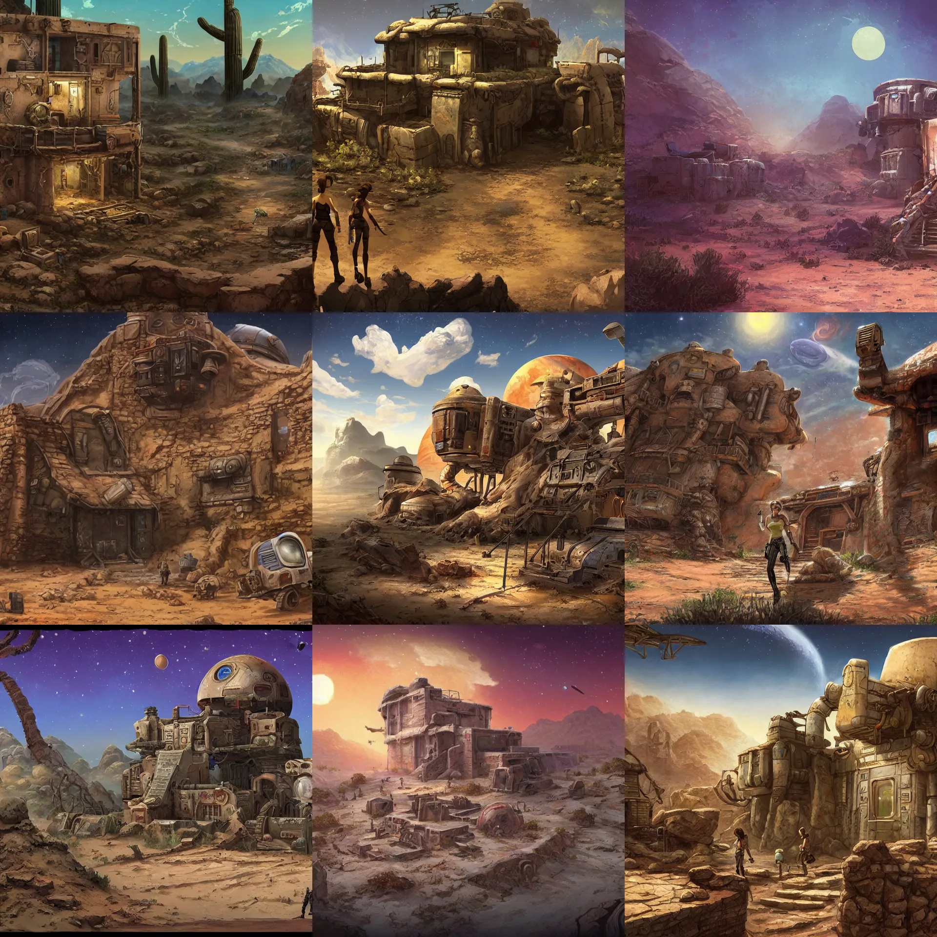 Prompt: in front of the remains of an abandoned outpost, on a desert planet, from a space themed point and click 2 d graphic adventure game, art inspired by tomb raider and thomas kinkade