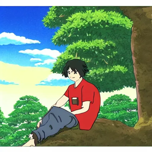 Image similar to gabriel boric sitting at a tree made by studio ghibli, detail, high quality, detailed, beautiful scene, smooth, relaxing