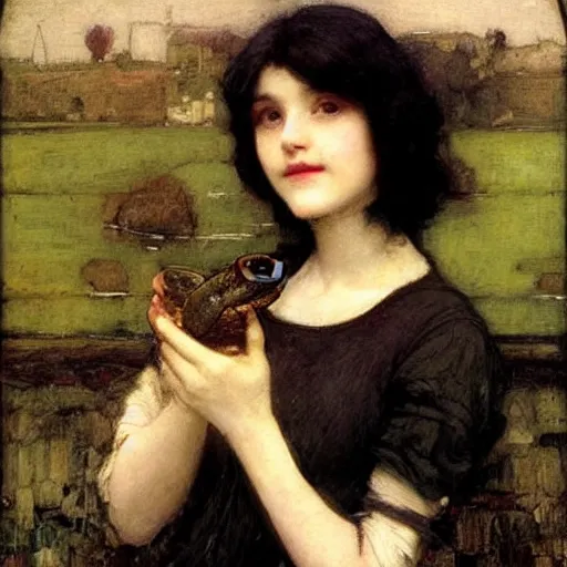 Image similar to black haired young woman holding a toad and smiling, john william waterhouse, soft lighting, romantic, love