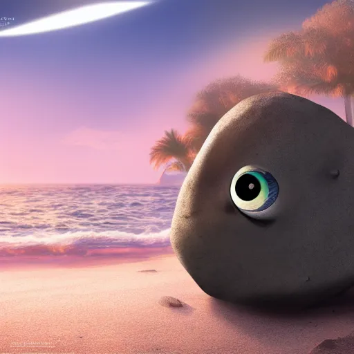 Image similar to A rock with googly eyes, the rock is chilling on the beach, palm trees swaying in the wind, the moon rising on the horizon, stars glistening in the night, hyperdetailed, artstation, cgsociety, 8k