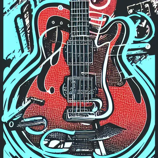 Prompt: cleveland music, pop-art, rock-n-roll, guitar, music notes