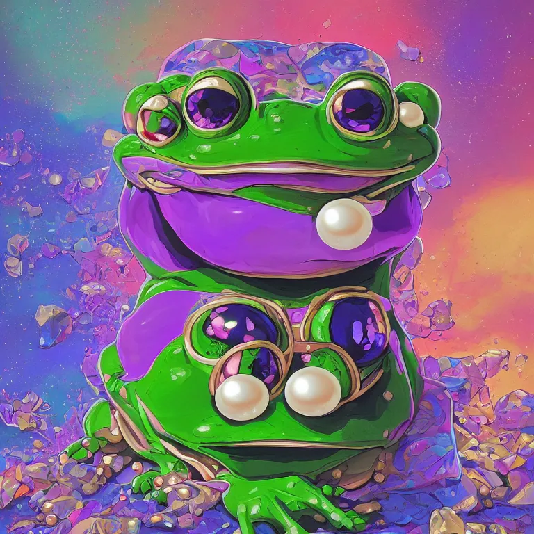 Prompt: maximalist detailed gemstone pepe the frog by adoryanti, machine. delusions, holosomnia, electrixbunny, rendered in discodiffusion. decorated with pearls and gems, behance hd by jesper ejsing, by rhads, makoto shinkai, ilya kuvshinov, rossdraws global illumination ray tracing hdr radiating a glowing aura