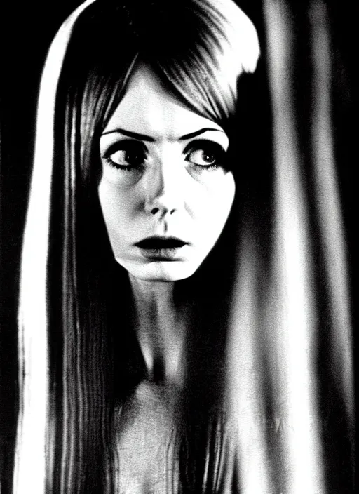 Image similar to 1973 film still from an Italian arthouse drama film of a bemused young Karen Gillan as the goddess of black leather staring deep into your soul. focused on her eyes. ultra detailed painting at 16K resolution and amazingly epic visuals. epically beautiful image. amazing effect, image looks gorgeously crisp as far as it's visual fidelity goes, absolutely outstanding. vivid clarity. ultra. iridescent. mind-breaking. mega-beautiful pencil shadowing. beautiful face. Ultra High Definition. godly shading. amazingly crisp sharpness. photorealistic film cel processed twice..