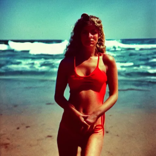 Prompt: “A beautiful woman at the beach in lifeguard attire, dreamcore aesthetic, taken with a Pentax K1000, Expired Burned Film from 1930s, Softbox Lighting, 85mm Lens”