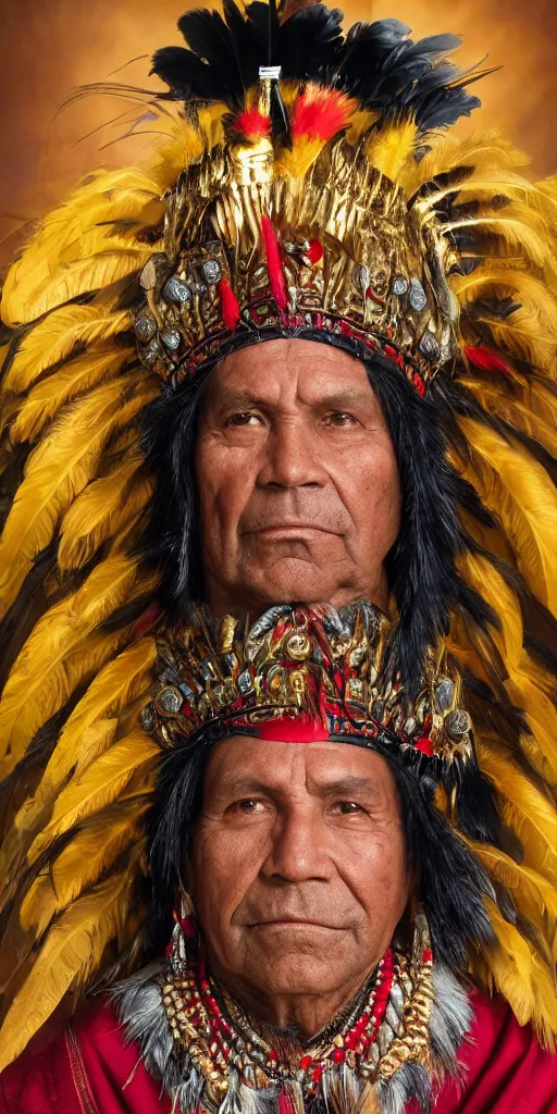 Prompt: portrait of inca king in 1 4 1 8, pacha kutiq inka yupanki. gold jewelry, old headdress with feather, with a red cape. unreal 5, hyper realistic, realistic, photo realistic, dynamic lighting, highly detailed, cinematic landscape, studio landscape, studio lighting