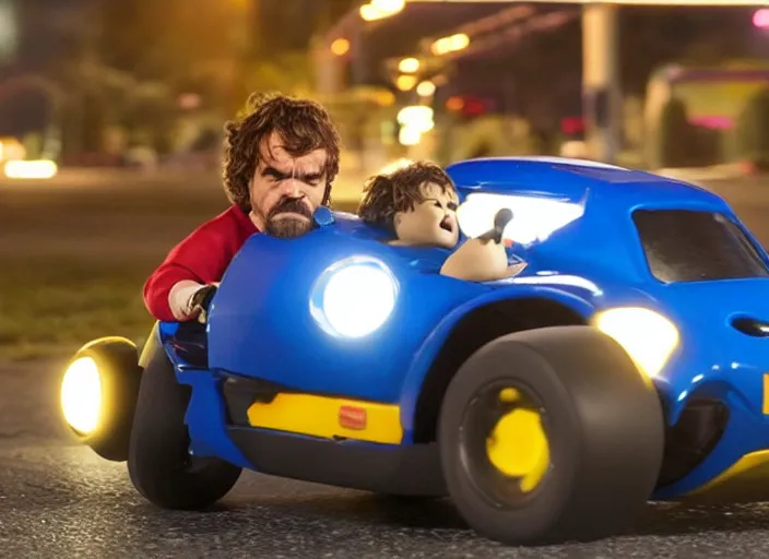 Image similar to peter dinklage driving a little tikes car at night, movie still, from the new fast and furious movie, 8 k, realistic