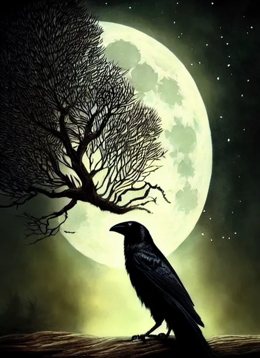 Image similar to side portrait dark crow on tree in front of the full big moon, fine art, awesome fantasy book cover on Pinterest, award winning, fantasy forest landscape, fantasy magic, dark golden light night, intricate, elegant, sharp focus, illustration, highly detailed, digital painting, concept art, matte, art by WLOP and Artgerm and Greg Rutkowski, masterpiece, trending on artstation