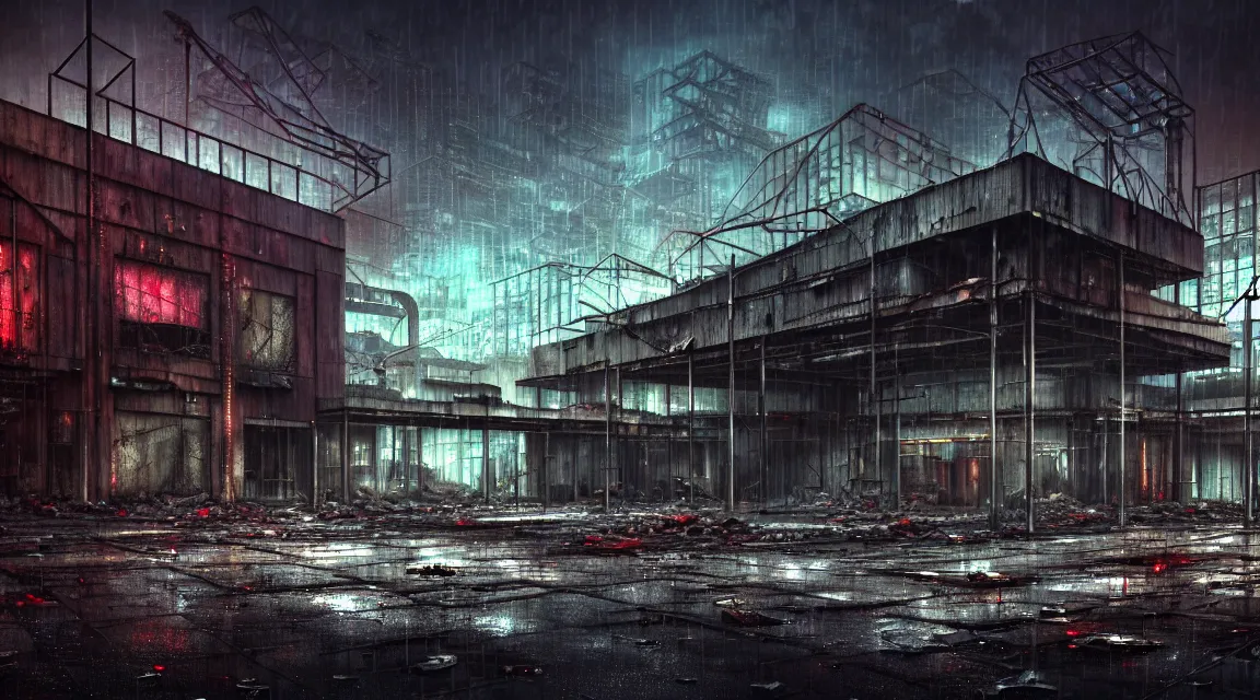 Prompt: post apocalyptic factory building, raining, building, avenue, modern contemporary urban americana concrete architecture, by pascal blanche, neil blevins, thomas kinkade, apocalyptic color palette, trending on artstation, photorealistic, neon ambiance, ultra detailed, high definition, depth of field, bokeh, rubble, wild vegetation, blood stains, building crumbling
