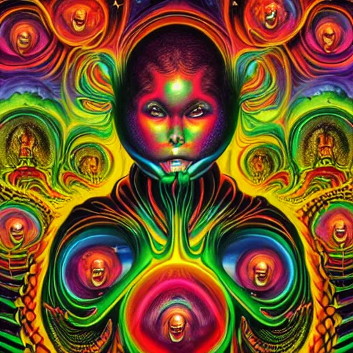 Image similar to Psychedelic DMT experience with inter-dimensional beings and insane trippy visuals in the style of an album cover by Mark Ryden and Alex Gross, Todd Schorr ,(highly detailed, 8k, UHD, fantasy, dream, otherworldly, bizzare, spirals, colourful, vivid)