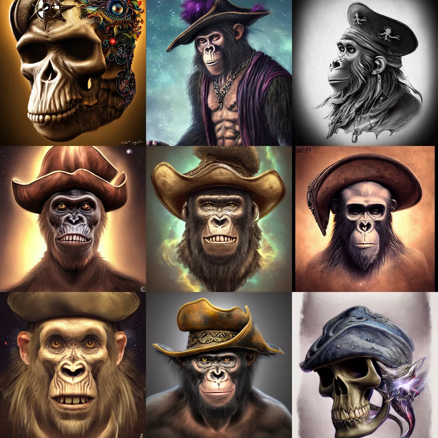 Prompt: a wlop 3 d render of very very very very highly detailed beautiful mystic portrait of a young'ape skull'pirate in a hat with whirling galaxy around, tattoos by anton pieck, intricate, extremely detailed, digital painting, artstation, concept art, smooth, sharp focus, illustration, intimidating lighting, incredible art,