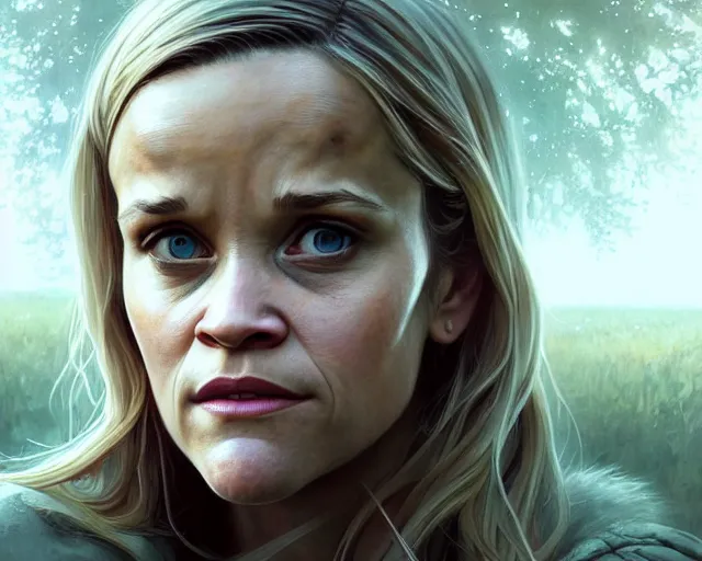 Image similar to highly detailed portrait of reese witherspoon, in the walking dead, stephen bliss, unreal engine, fantasy art by greg rutkowski, loish, rhads, ferdinand knab, makoto shinkai and lois van baarle, ilya kuvshinov, rossdraws, tom bagshaw, global illumination, radiant light, detailed and intricate environment