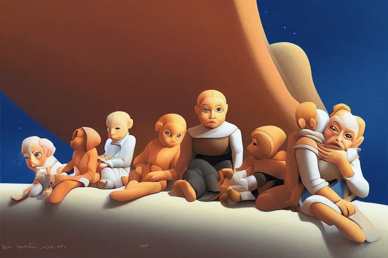 Image similar to beautiful painting of friends, beautiful faces, sitting on the edge, cute, soft light, digital painting by ralph mcquarrie