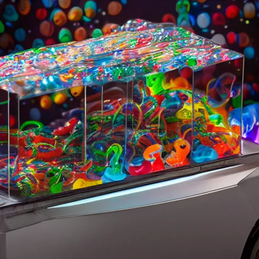 Prompt: a small edible gummi worm candy with cybernetics is for sale from a food truck. the candy is displayed with dramatic product lighting, pearlescent. in the background a dim alley is illuminated by the food truck. digital art, imax 7 0 mm, blade runner, sci - fi, fantasy, fairytale, 4 k, octane 3 d render, ue 5.