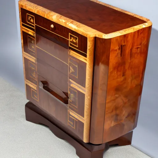 Prompt: realistic photo of an art deco chest of drawers with cabriole legs, walnut wood inlaid with maple accents