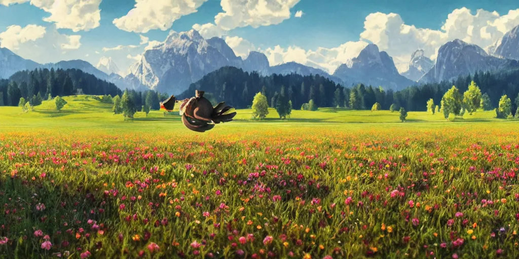 Image similar to a ultra photorealistic and sharp film still of an a sunny and colourful open field in 1 9 1 6 in the middle of the bavarian alps, germany. wide shot, frog perspective, wes anderson, studio ghibli, pixar and disney animation, octane render, anime key art by greg rutkowski, dramatic lighting, award winning photography