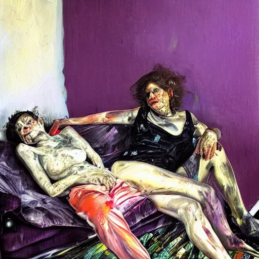 Image similar to high quality high detail painting of a old dead couple on a couch in a soviet apartment by lucian freud and jenny saville and francis bacon and malcom liepke and nicola samori, hd, anxiety, turquoise and purple and orange and pink, dark atmosphere