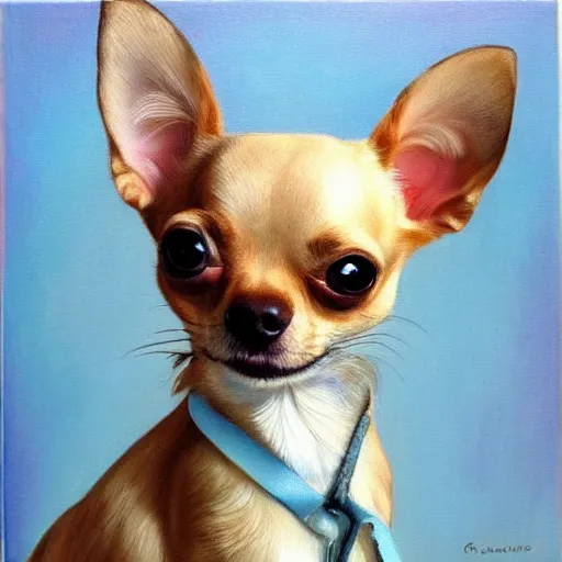 Image similar to chihuahua holding a camera, oil painting