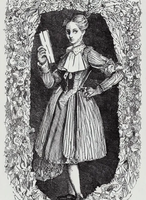 Image similar to A pen and ink illustration of portrait of alice in wonderland, ornate border around the side, 1800's style design