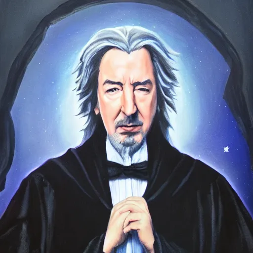 Image similar to A portrait of Alan Rickman depicted as Albus Dumbledore, oil painting