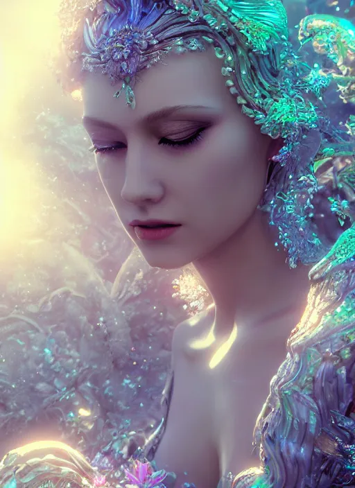 Image similar to beauteous sumptuous elegant woman in paradise garden, white pearlescent iridescent skin, with incredible iridescent pearlescent voluminous neon hair, crystalline masterpiece incrustations, hyperdetailed face, elegant pose, movie still, intricate, octane render, cinematic forest lighting, unreal engine, crepuscular rays, god rays