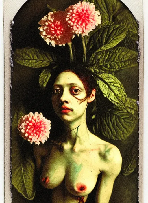 Image similar to beautiful and detailed rotten woman made of plants and many types of stylized flowers like carnation, chrysanthemum, roses and tulips, intricate, surreal, john constable, guy denning, gustave courbet, caravaggio, romero ressendi 1 9 1 0 polaroid photo