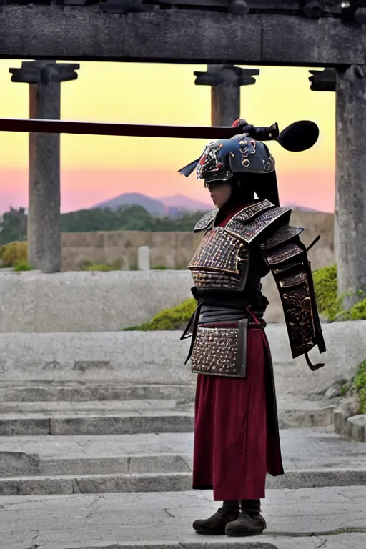 Image similar to a godlike and indomitable helmeted samurai wielding their Odachi before a large Torii gate, the very very very bright rising sun in the background. Photo realistic. Award winning